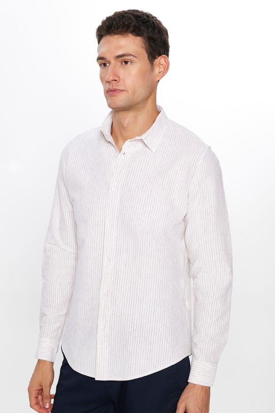 Erkek Slim Fit Dar Kesim Uzun Kollu Pamuklu Çizgili Beyaz Spor Yaka Gömlek