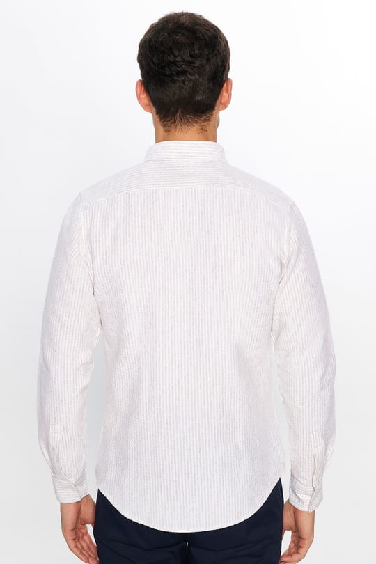Erkek Slim Fit Dar Kesim Uzun Kollu Pamuklu Çizgili Beyaz Spor Yaka Gömlek