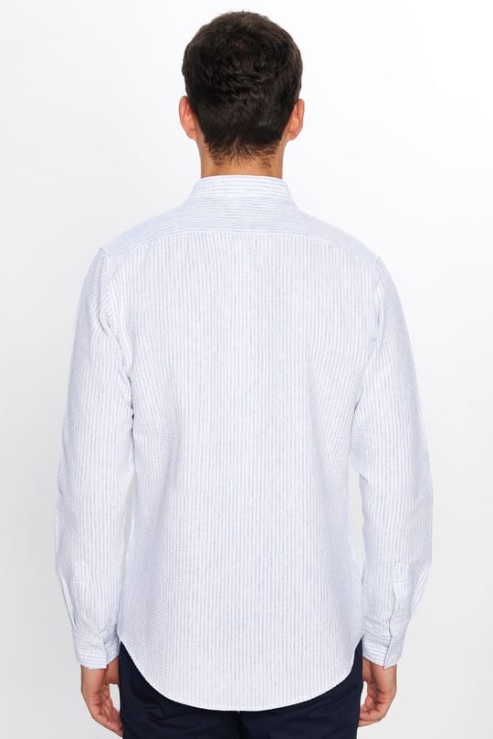 Erkek Slim Fit Dar Kesim Uzun Kollu Pamuklu Çizgili Beyaz Spor Yaka Gömlek