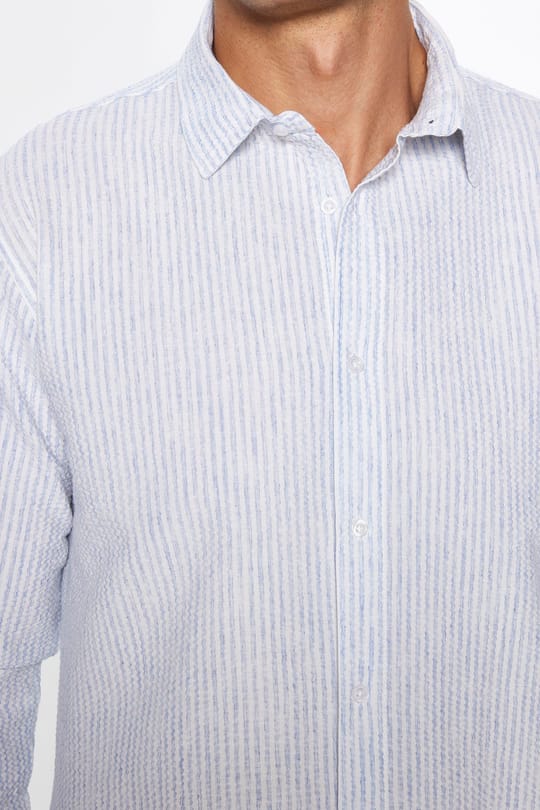 Erkek Slim Fit Dar Kesim Uzun Kollu Pamuklu Çizgili Beyaz Spor Yaka Gömlek