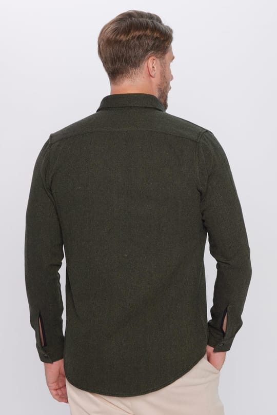Erkek Slim Fit Dar Kesim Oduncu Düz Haki Düğmeli Yaka Kışlık Gömlek