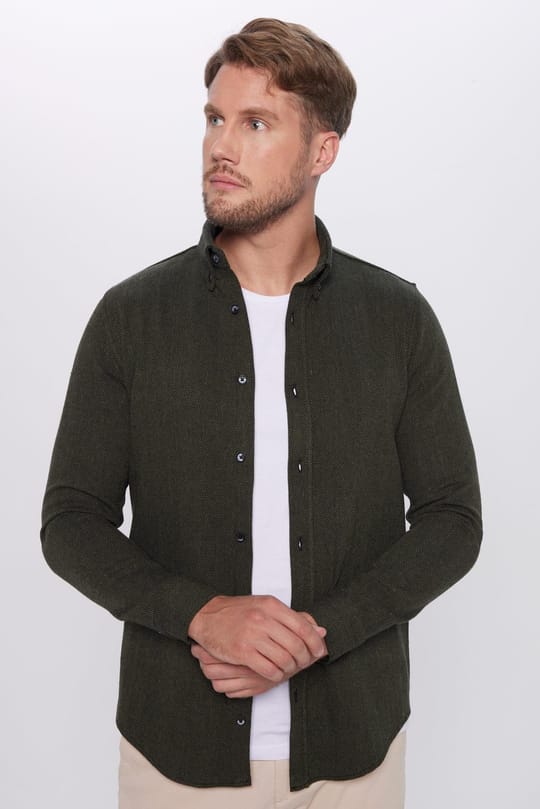 Erkek Slim Fit Dar Kesim Oduncu Düz Haki Düğmeli Yaka Kışlık Gömlek