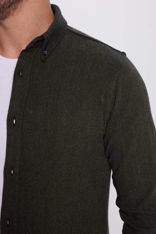 Erkek Slim Fit Dar Kesim Oduncu Düz Haki Düğmeli Yaka Kışlık Gömlek
