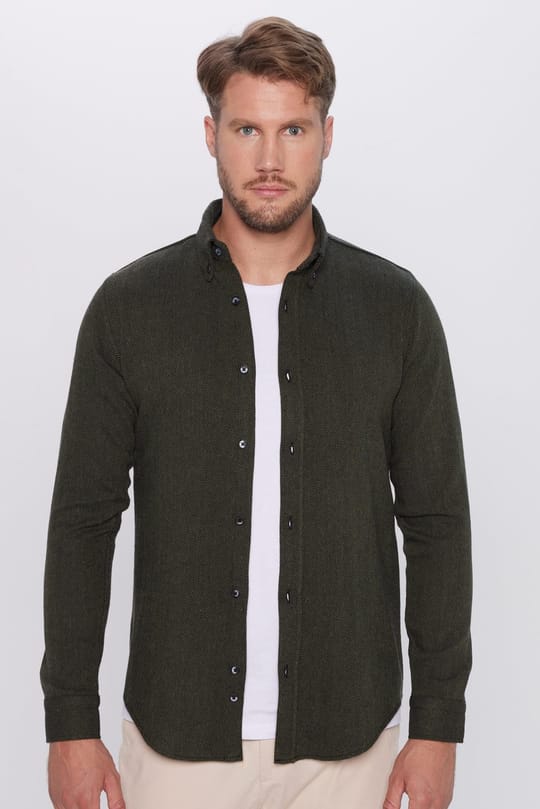 Erkek Slim Fit Dar Kesim Oduncu Düz Haki Düğmeli Yaka Kışlık Gömlek