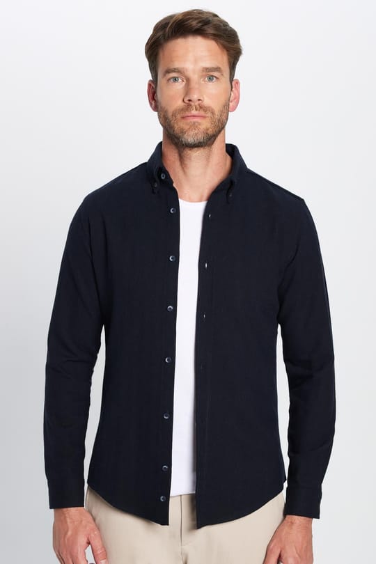 Erkek Slim Fit Dar Kesim Oduncu Düz Lacivert Düğmeli Yaka Kışlık Gömlek