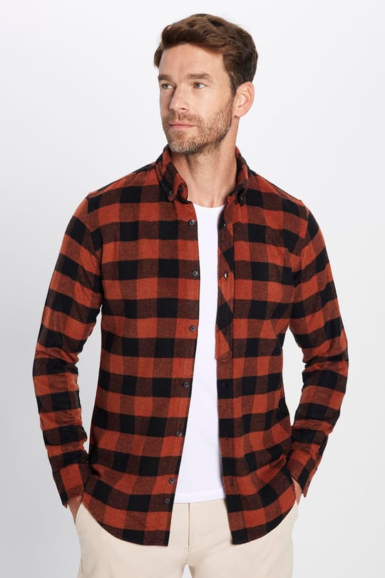 Erkek Slim Fit Dar Kesim Oduncu Düğmeli Yaka Kareli Kışlık Gömlek
