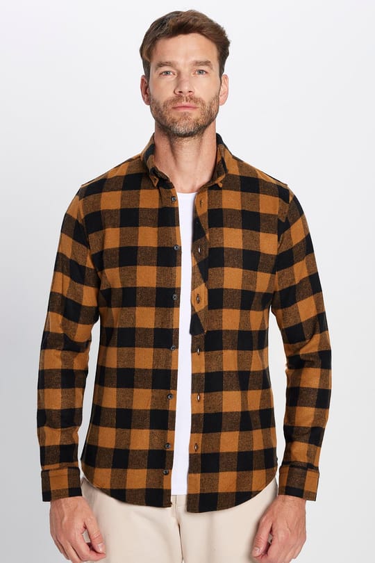 Erkek Slim Fit Dar Kesim Oduncu Düğmeli Yaka Kareli Kışlık Gömlek