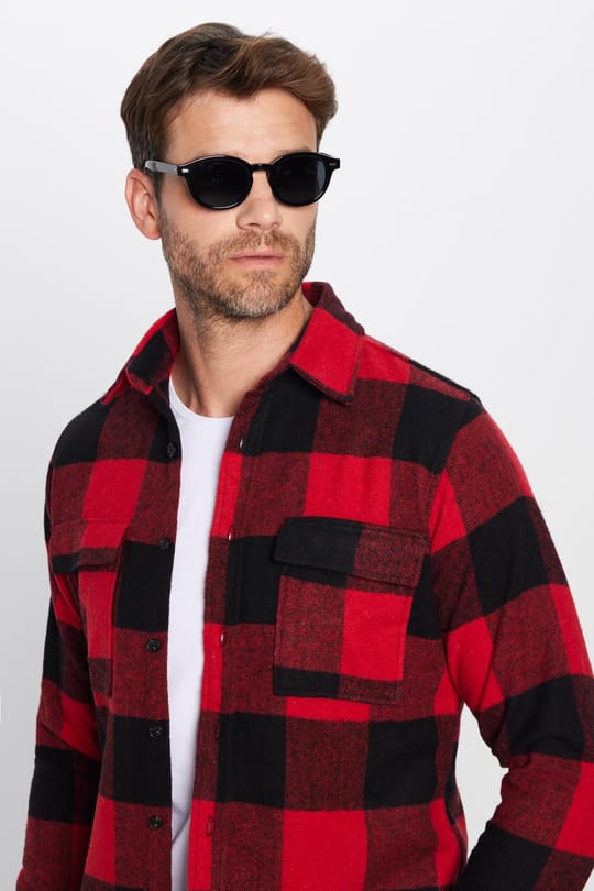 Erkek Slim Fit Dar Kesim Oduncu Çift Cep Kapaklı Kareli Kışlık Gömlek