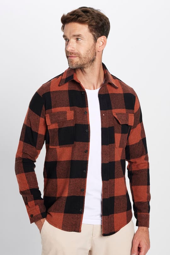 Erkek Slim Fit Dar Kesim Oduncu Çift Cep Kapaklı Kareli Kışlık Gömlek