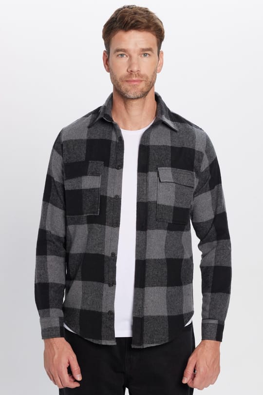 Erkek Slim Fit Dar Kesim Oduncu Çift Cep Kapaklı Kareli Kışlık Gömlek