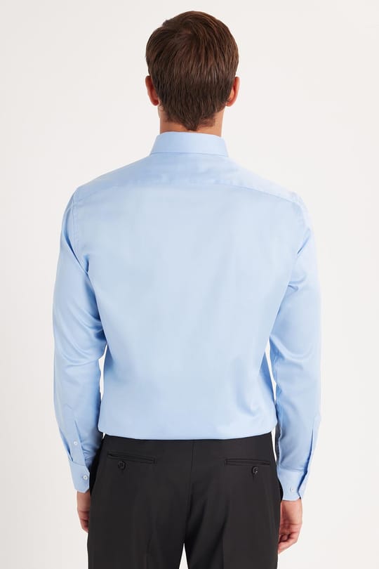 Erkek Slim Fit  Premium Likralı Pamuk Saten Mavi Gömlek