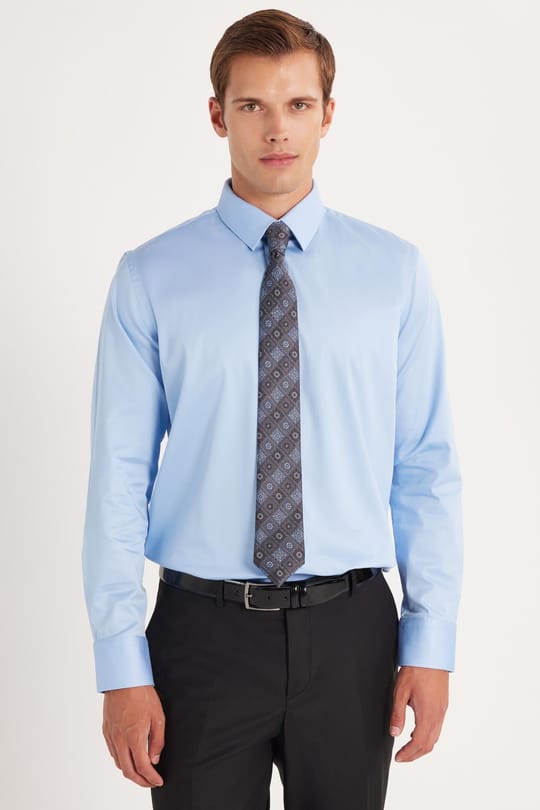 Erkek Slim Fit  Premium Likralı Pamuk Saten Mavi Gömlek