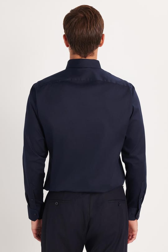 Erkek Slim Fit  Premium Likralı Pamuk Saten Lacivert Gömlek