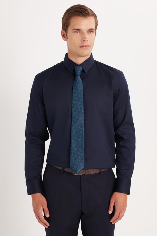 Erkek Slim Fit  Premium Likralı Pamuk Saten Lacivert Gömlek