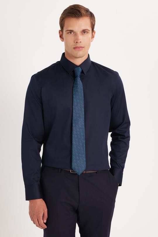 Erkek Slim Fit  Premium Likralı Pamuk Saten Lacivert Gömlek