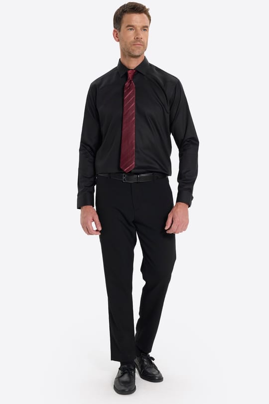 Erkek Slim Fit Dar Kesim Non-Iron Uzun Kollu Kravatlık Yaka Pamuklu Siyah Gömlek