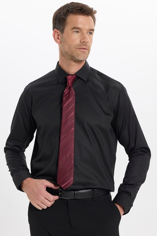 Erkek Slim Fit Dar Kesim Non-Iron Uzun Kollu Kravatlık Yaka Pamuklu Siyah Gömlek