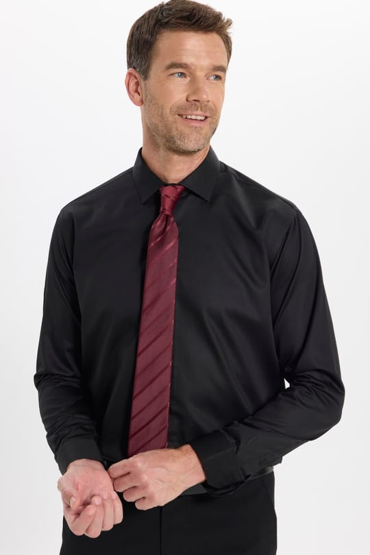 Erkek Slim Fit Dar Kesim Non-Iron Uzun Kollu Kravatlık Yaka Pamuklu Siyah Gömlek