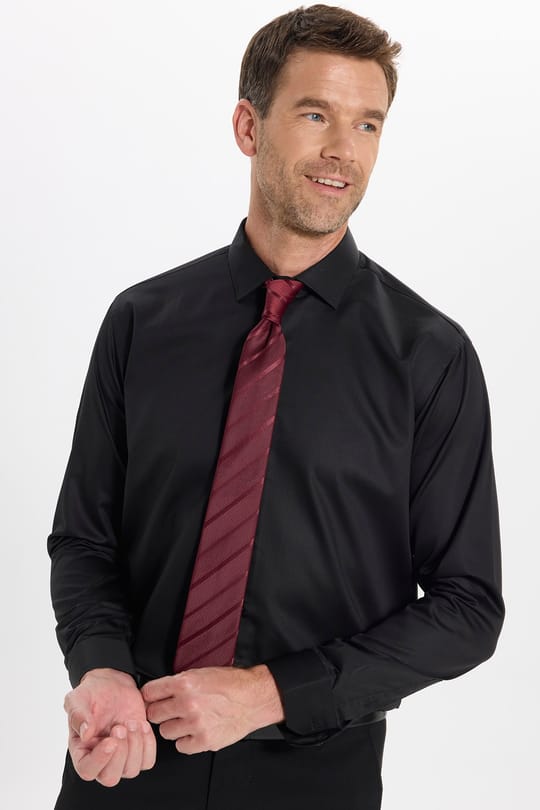 Erkek Slim Fit Dar Kesim Non-Iron Uzun Kollu Kravatlık Yaka Pamuklu Siyah Gömlek