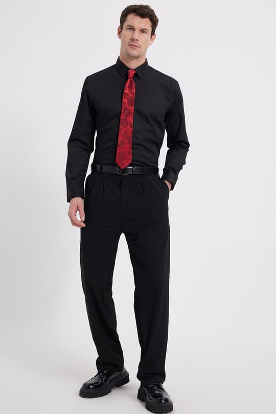 Erkek Slim Fit Non-Iron Pamuklu Ütü Gerektirmez Siyah Gömlek