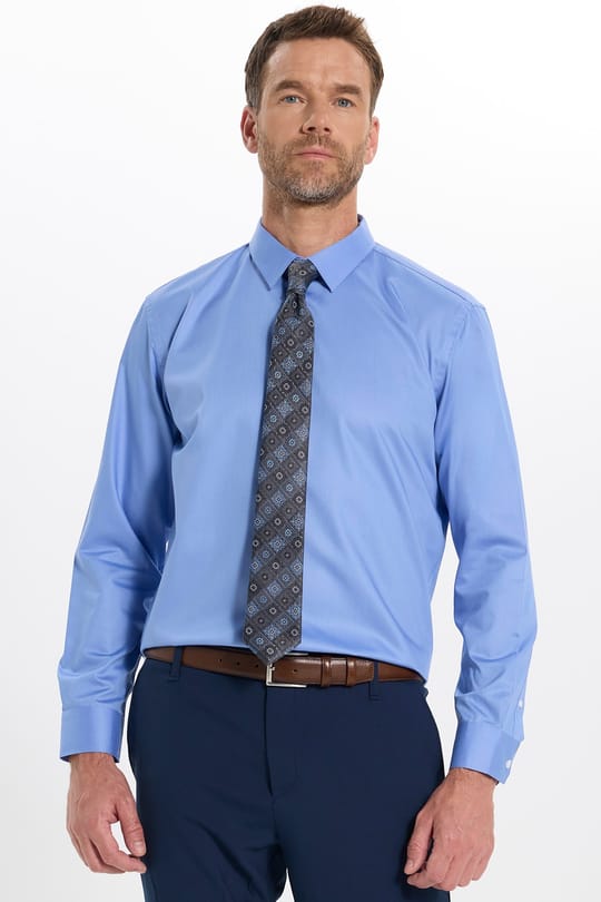 Erkek Slim Fit Dar Kesim Non-Iron Uzun Kollu Kravatlık Yaka Pamuklu Mavi Gömlek