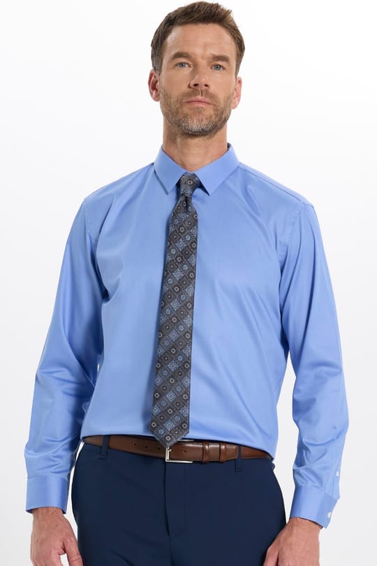 Erkek Slim Fit Dar Kesim Non-Iron Uzun Kollu Kravatlık Yaka Pamuklu Mavi Gömlek