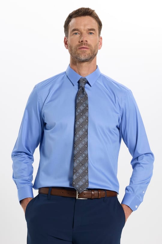 Erkek Slim Fit Dar Kesim Non-Iron Uzun Kollu Kravatlık Yaka Pamuklu Mavi Gömlek