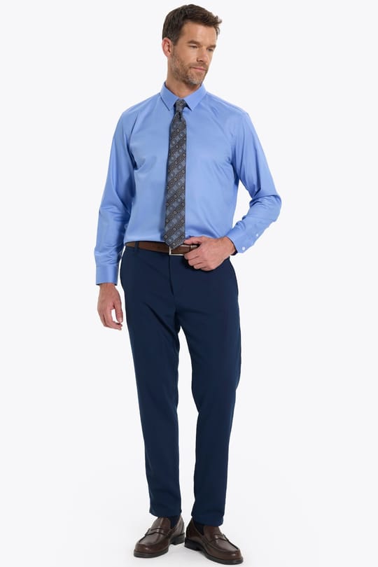 Erkek Slim Fit Dar Kesim Non-Iron Uzun Kollu Kravatlık Yaka Pamuklu Mavi Gömlek