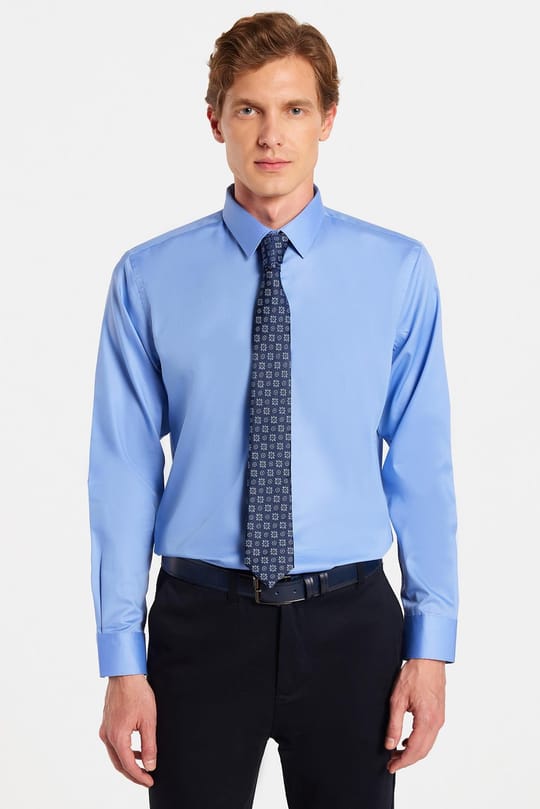 Erkek Slim Fit Non-Iron Pamuklu Ütü Gerektirmez Mavi Gömlek