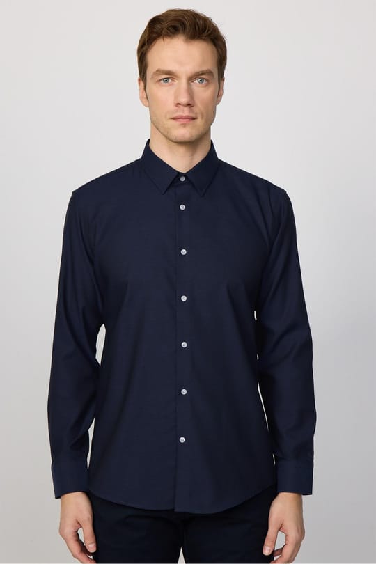 Erkek Slim Fit Non-Iron Pamuklu Ütü Gerektirmez Lacivert Gömlek