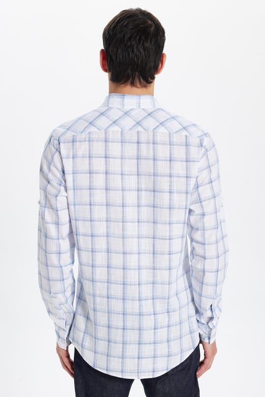Erkek Slim Fit Dar Kesim %100 Pamuk Keten Doku Kareli Gömlek