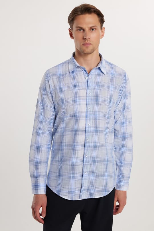 Erkek Slim Fit Dar Kesim %100 Pamuk Keten Doku Kareli Gömlek