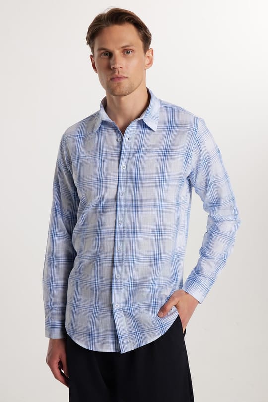 Erkek Slim Fit Dar Kesim %100 Pamuk Keten Doku Kareli Gömlek