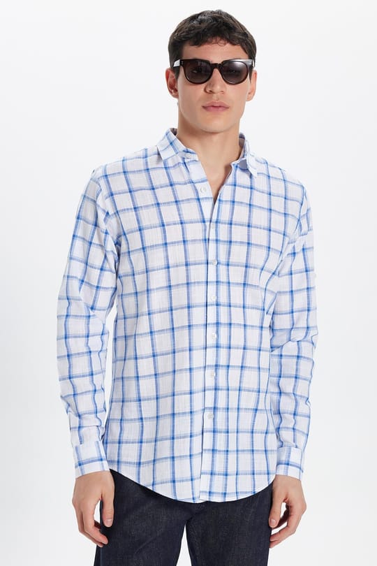 Erkek Slim Fit Dar Kesim %100 Pamuk Keten Doku Kareli Gömlek