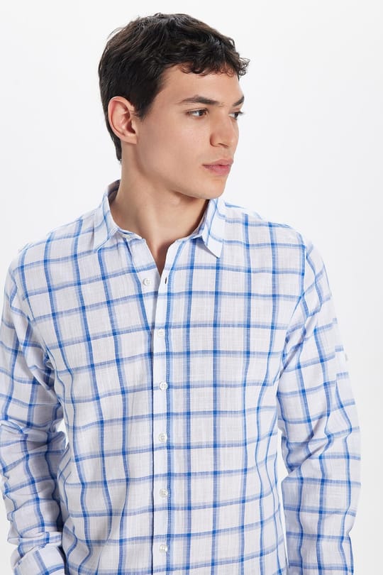 Erkek Slim Fit Dar Kesim %100 Pamuk Keten Doku Kareli Gömlek