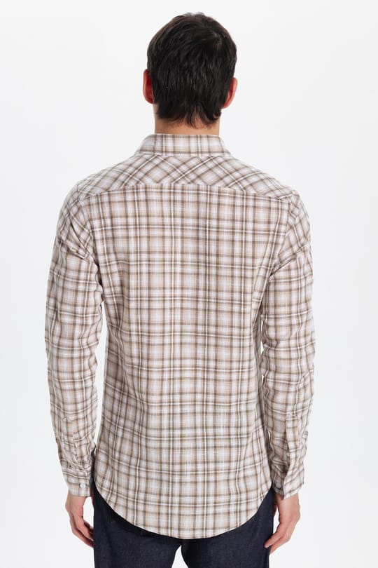 Erkek Slim Fit Dar Kesim %100 Pamuk Keten Doku Kareli Gömlek