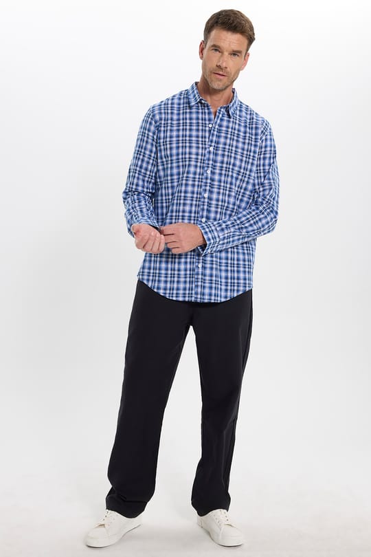 Erkek Slim Fit Dar Kesim %100 Pamuk Keten Doku Kareli Gömlek