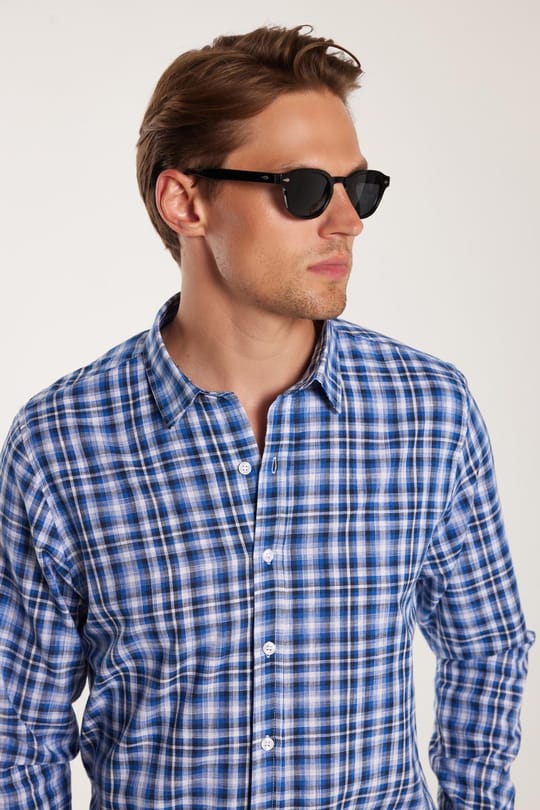 Erkek Slim Fit Dar Kesim %100 Pamuk Keten Doku Kareli Gömlek