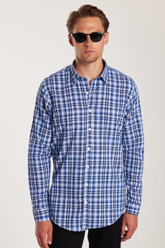 Erkek Slim Fit Dar Kesim %100 Pamuk Keten Doku Kareli Gömlek