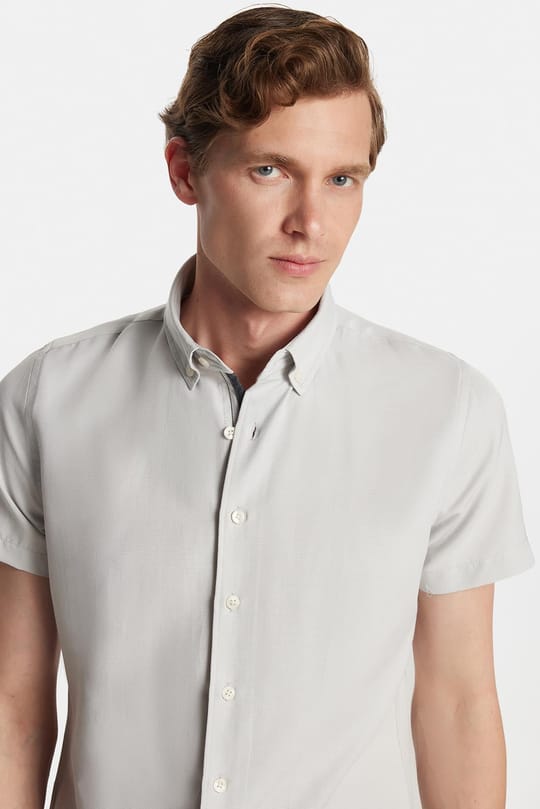 Erkek Slim Fit Dar Kesim Kısa Kollu Spor Yaka Oxford Doku Pamuklu Gri Gömlek