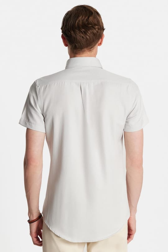 Erkek Slim Fit Dar Kesim Kısa Kollu Spor Yaka Oxford Doku Pamuklu Gri Gömlek