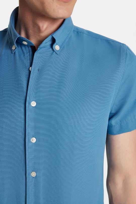 Erkek Slim Fit Dar Kesim Kısa Kollu Spor Yaka Oxford Doku Pamuklu İndigo Gömlek