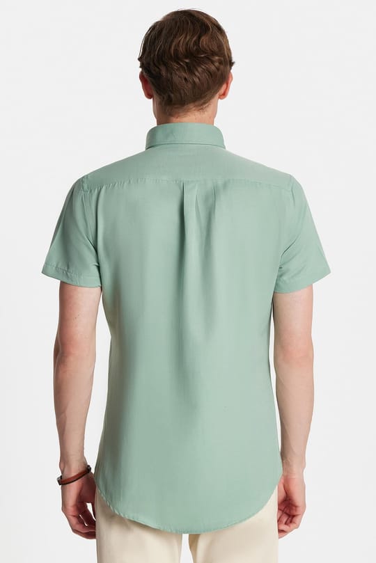 Erkek Slim Fit Dar Kesim Kısa Kollu Spor Yaka Oxford Doku Pamuklu Yeşil Gömlek