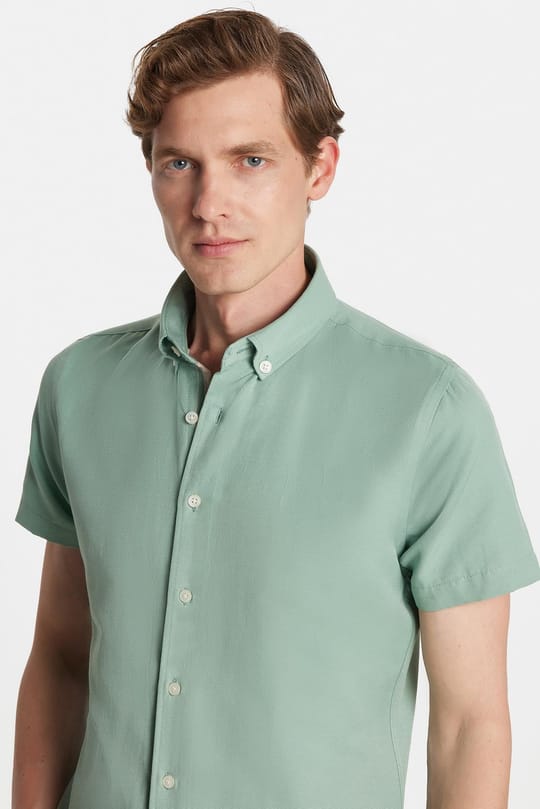 Erkek Slim Fit Dar Kesim Kısa Kollu Spor Yaka Oxford Doku Pamuklu Yeşil Gömlek
