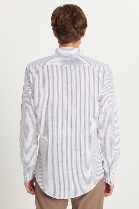 Erkek Slim Fit Dar Kesim Düğmeli Spor Yaka Keten Efekt %100 Pamuk Yeşil Çizgili Yazlık Gömlek