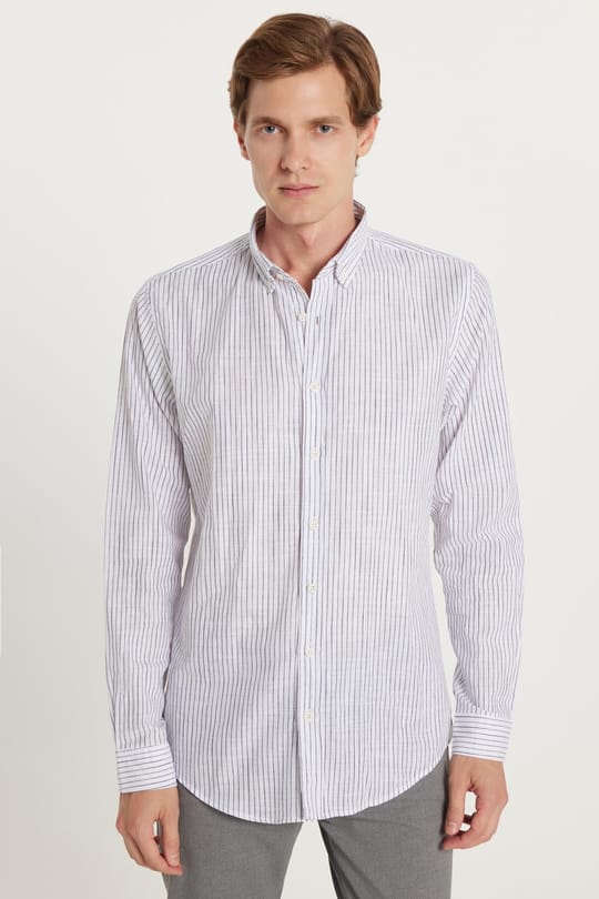 Erkek Slim Fit Dar Kesim Düğmeli Spor Yaka Keten Efekt %100 Pamuk Lacivert Çizgili Yazlık Gömlek