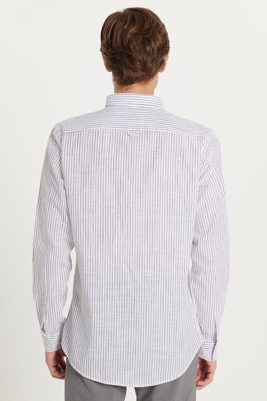 Erkek Slim Fit Dar Kesim Düğmeli Spor Yaka Keten Efekt %100 Pamuk Lacivert Çizgili Yazlık Gömlek
