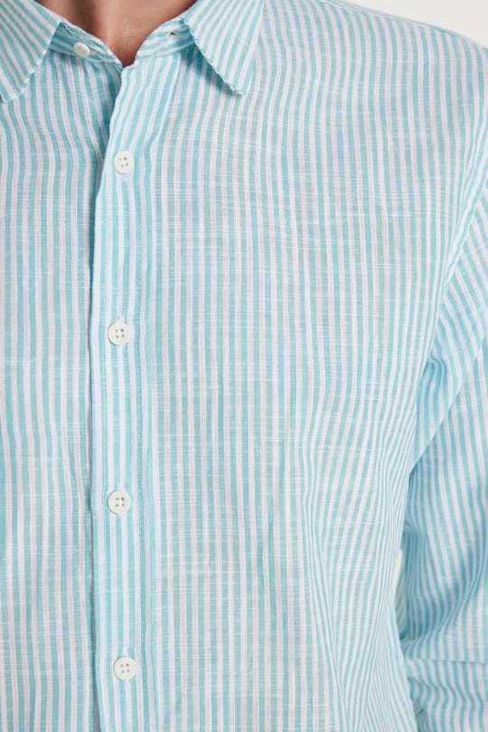Erkek Slim Fit Dar Kesim Düğmeli Spor Yaka Keten Efekt %100 Pamuk Çizgili Yazlık Yeşil Gömlek
