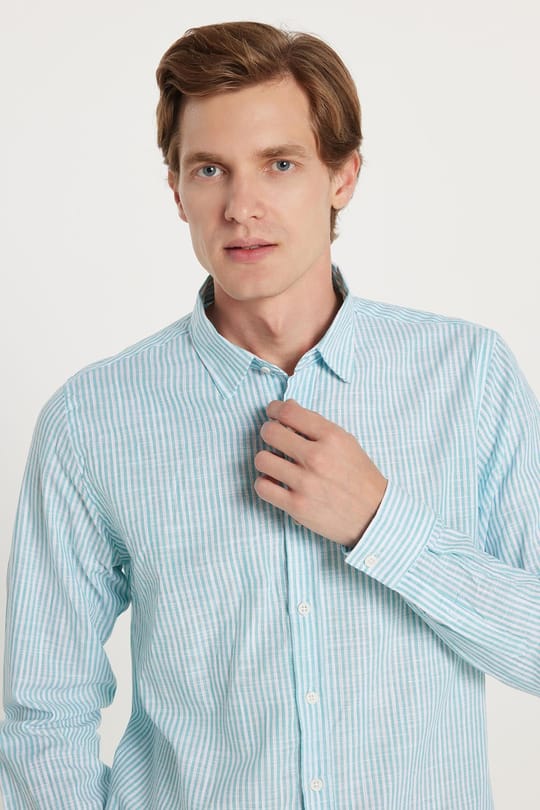 Erkek Slim Fit Dar Kesim Düğmeli Spor Yaka Keten Efekt %100 Pamuk Çizgili Yazlık Yeşil Gömlek