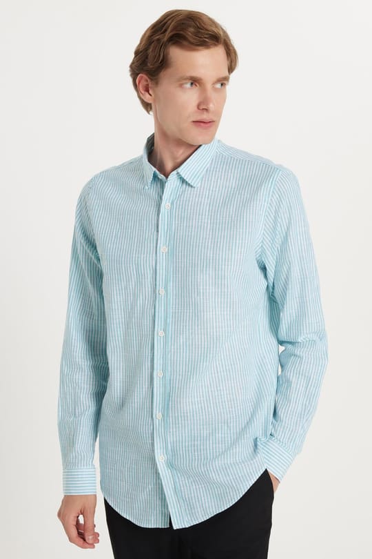 Erkek Slim Fit Dar Kesim Düğmeli Spor Yaka Keten Efekt %100 Pamuk Çizgili Yazlık Yeşil Gömlek
